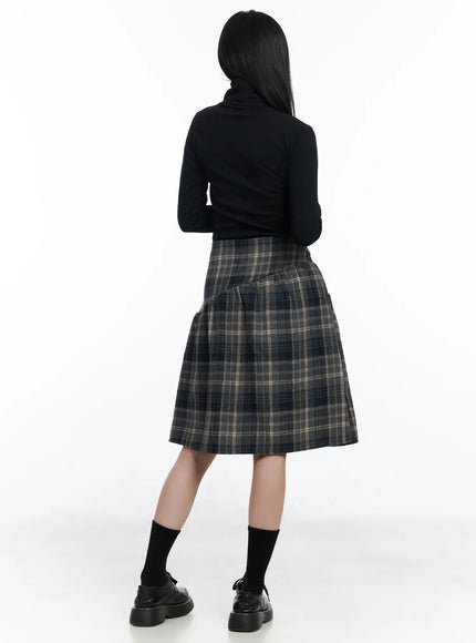 plaid-button-detail-flare-midi-skirt-cj520