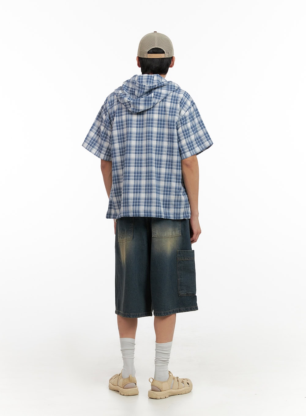 Men's Denim Washed Shorts (Blue) IL404 in blue, back full-body on model, wide-leg washed denim with visible side cargo pocket and back pockets, styled with plaid hooded shirt.