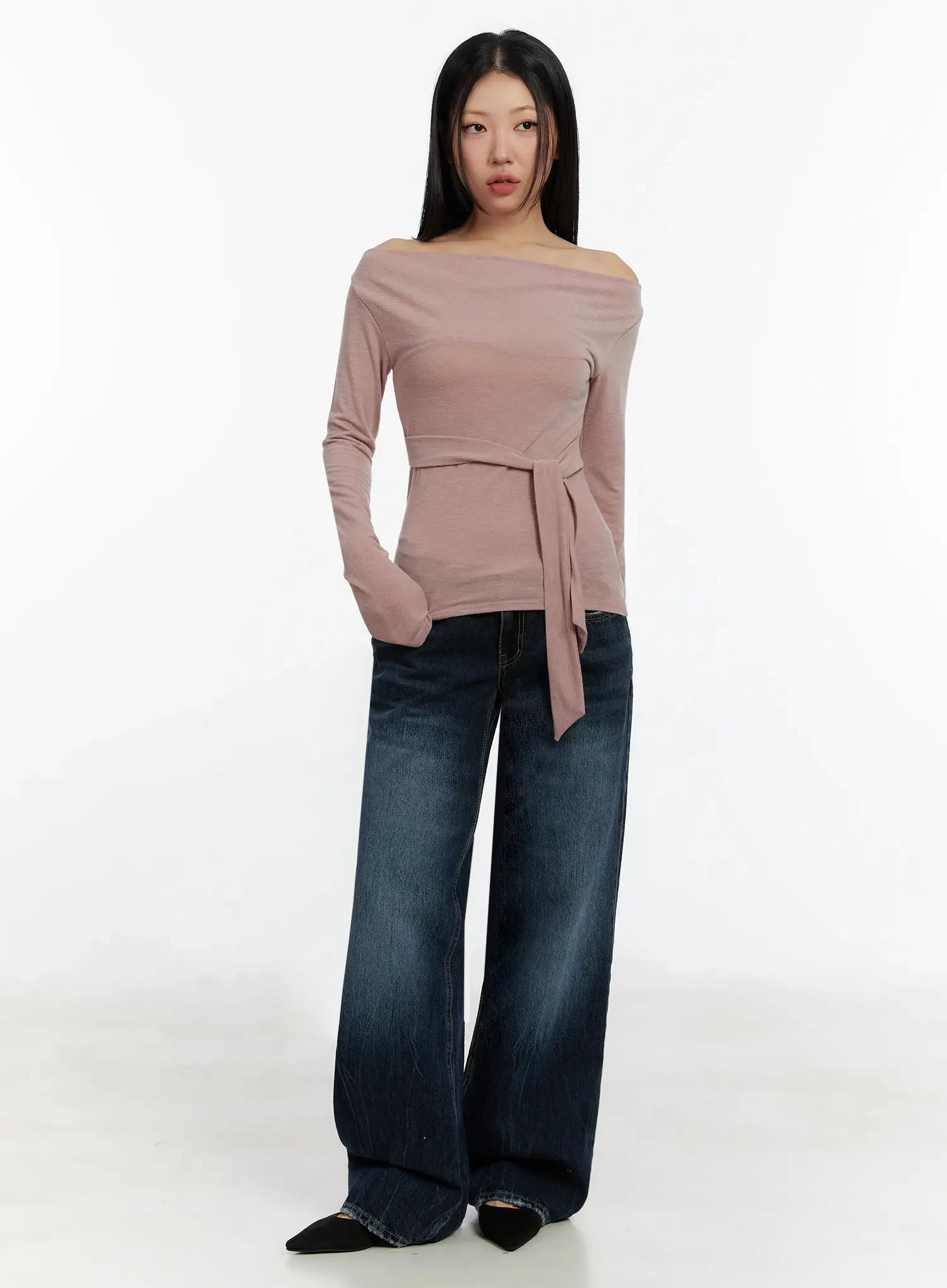 Aimee Low Rise Wide Leg Jeans ID525 in dark blue wash, full-body front shot on model, wide straight leg, low-rise, washed cotton, styled with dusty pink off-shoulder tie-waist top.