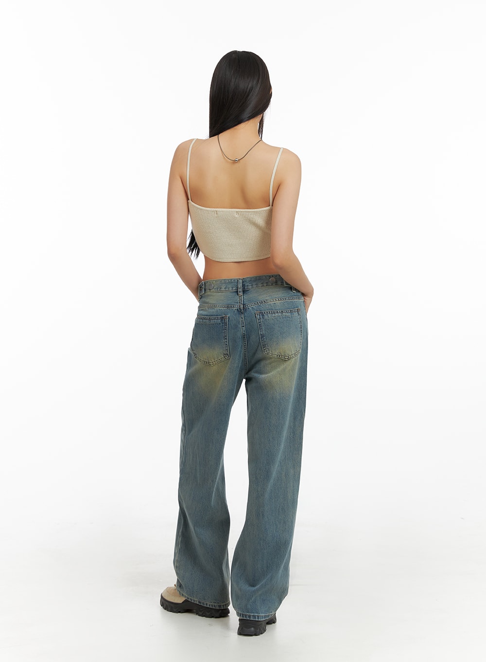 Washed Denim Wide Leg Jeans IA417 in blue, full-length back view on model, wide leg washed denim with dual back pockets and yellow-tinted fading, styled with crop cami.