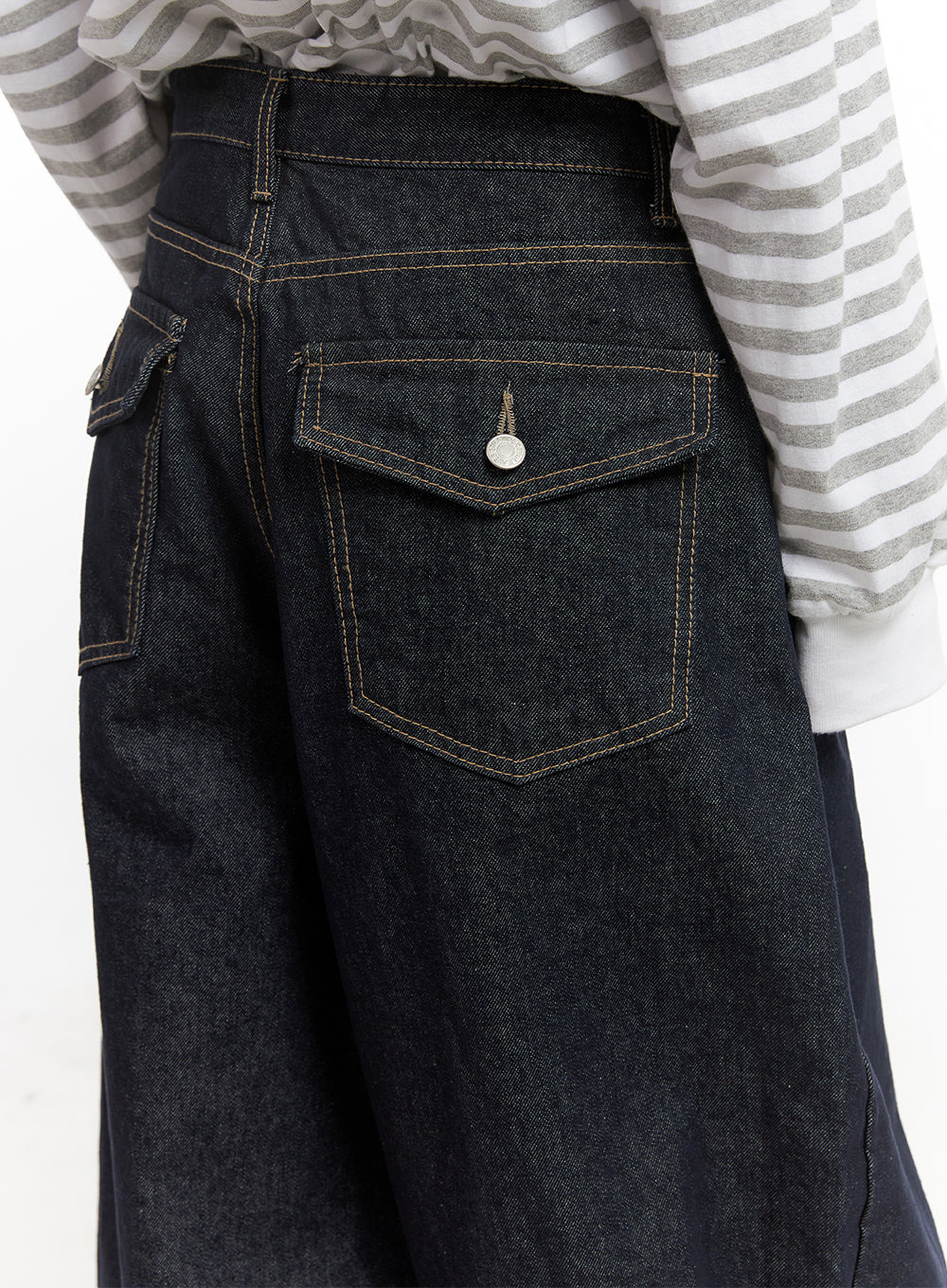 Lily Stitched Wide-Leg Jeans CN426 in dark blue, detail close-up of back pocket, flap pocket with pointed stitch detail and silver button, gold contrast topstitching on dark cotton denim.