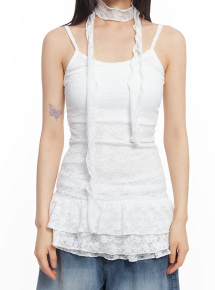 frilly lace dress Frilly Flirt Ruffled Lace and Tulle Halter Mini Dress Cream / M