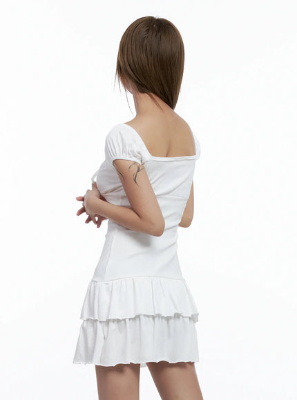 Tiered Ruffle Mini Dress CL514 - White S/M Tiered Ruffle Mini Dress CL514 - White S/M