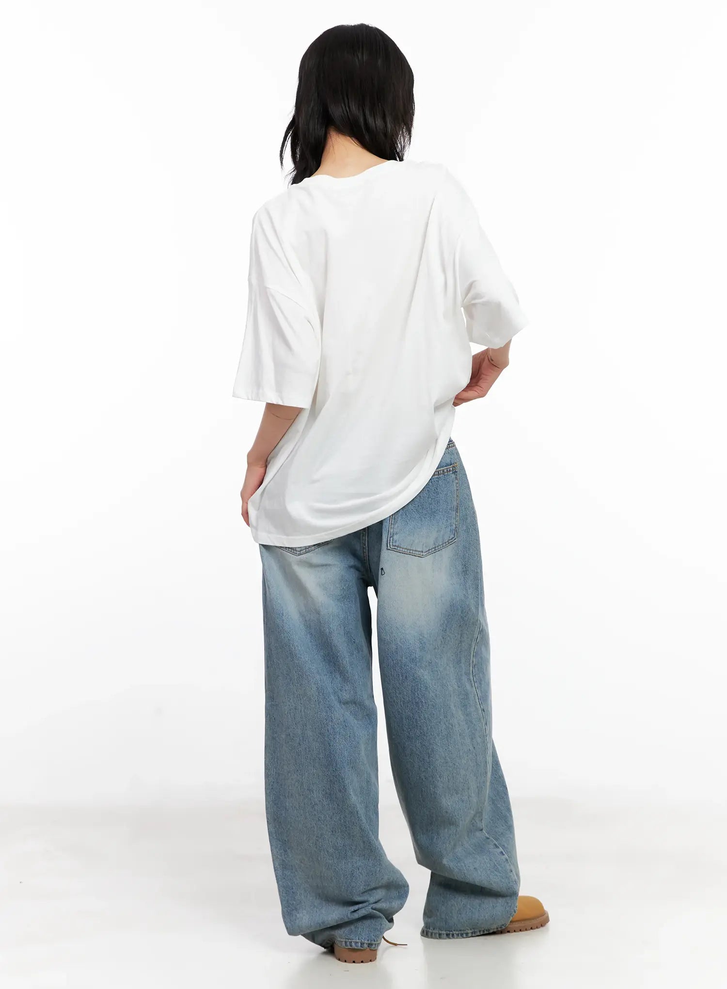 Koko Vintage-Wash Baggy Jeans CL528 in blue, back full-length outfit shot on model, wide-leg washed denim paired with plain white oversized tee.