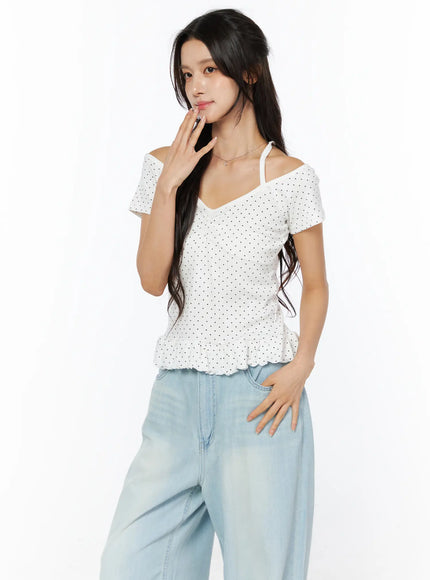 frill-hem-polka-dot-halter-short-sleeve-top-cu522