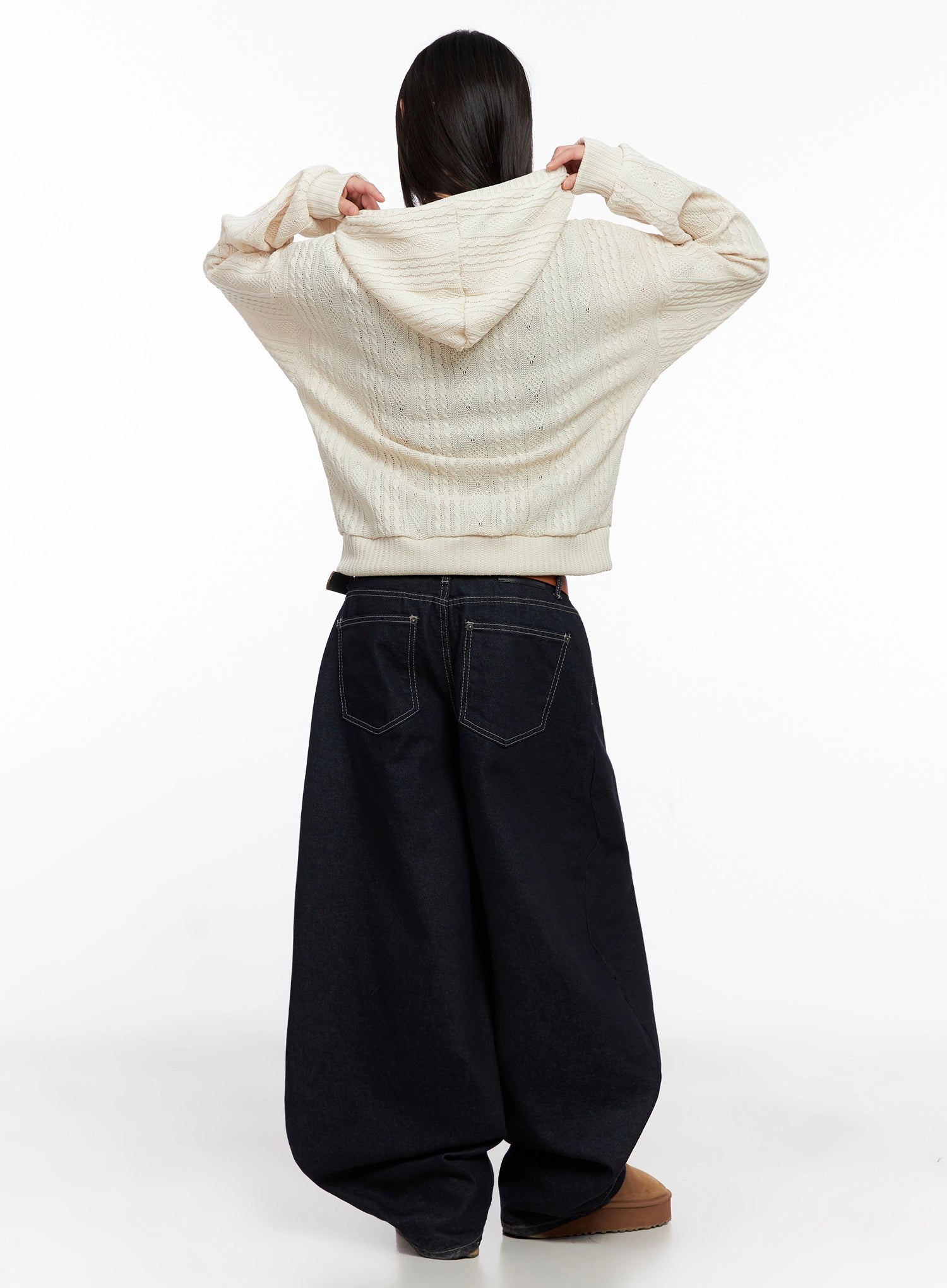 Jazlyn Non-Fade Button Wide Leg Jeans IN503 in dark blue, back full-length on model in cream cable-knit hoodie, showing rear patch pockets with contrast topstitching and oversized leg sweep.