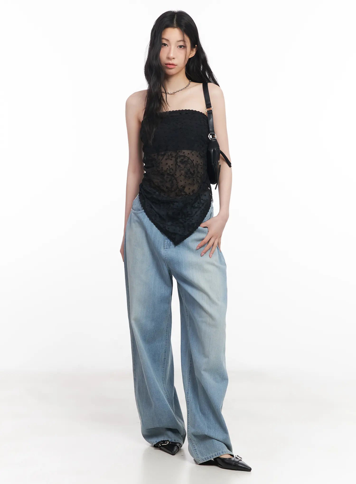 Rose Washed Baggy Summer Denim Jeans CU511 in light blue, front full-length view on model, wide-leg washed denim paired with black sheer lace top and mini shoulder bag, street style.