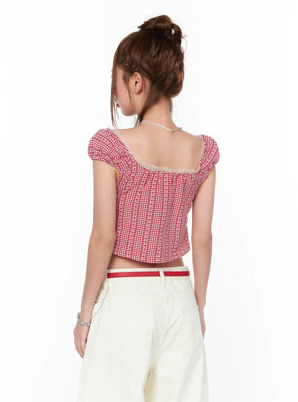 frill-trimmed-gingham-short-sleeve-blouse-ca514