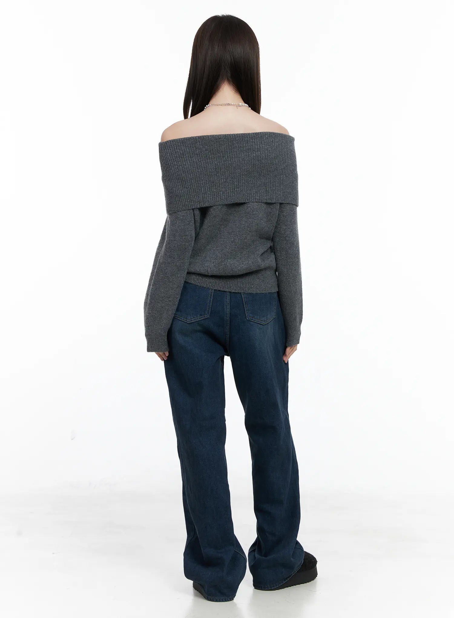 Jordan Velvet Fleece Wide Jeans CN518 in blue, back full-body styling shot on model, paired with grey off-shoulder knit, back pockets and wide-leg hem visible from behind.