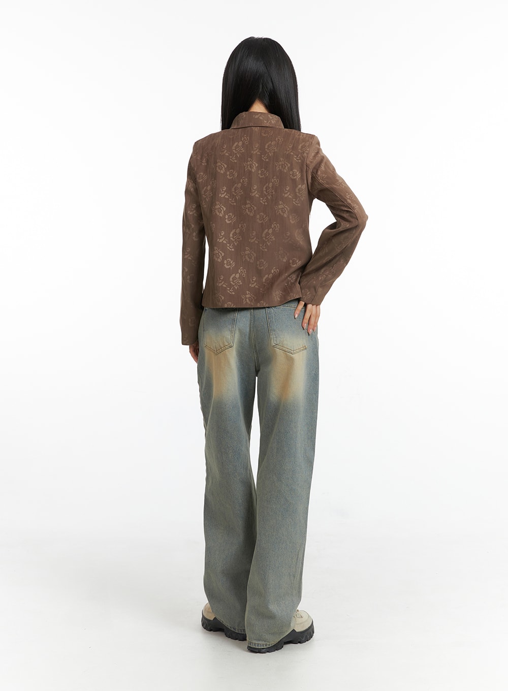 Dark Wash Jeans CF303 in blue, back full-body shot on model, wide-leg washed denim with faded seat pockets, paired with brown floral zip jacket.