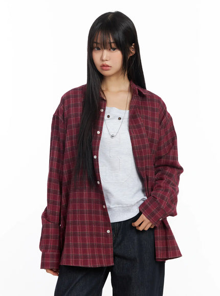 oversized-plaid-flannel-button-up-shirt-cf504 / red