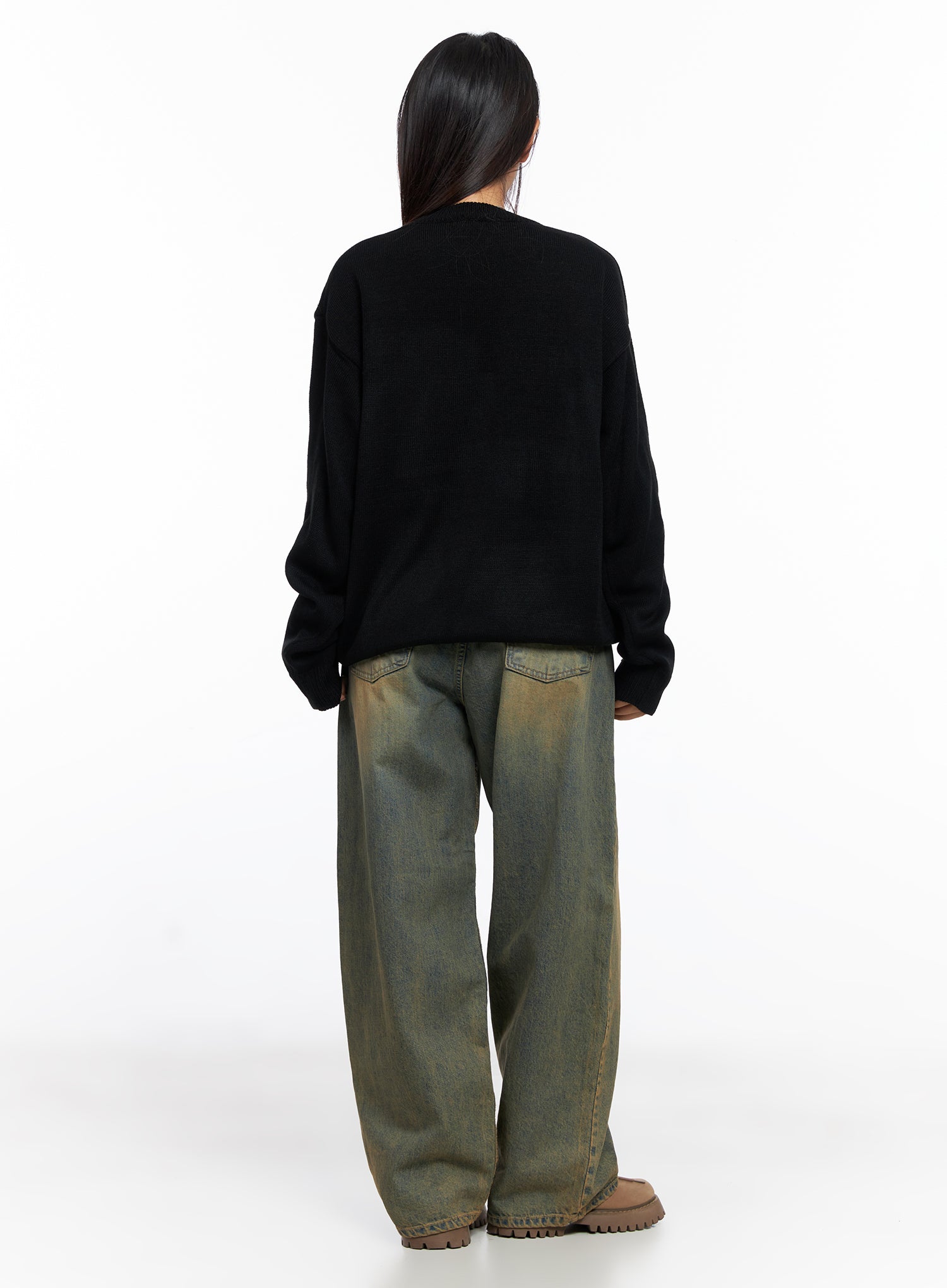Miley Washed Balloon Baggy Jeans CO515 in vintage green-blue wash, back full-body on model, wide balloon leg and back pocket detail visible, styled with oversized black knit sweater and chunky boots.