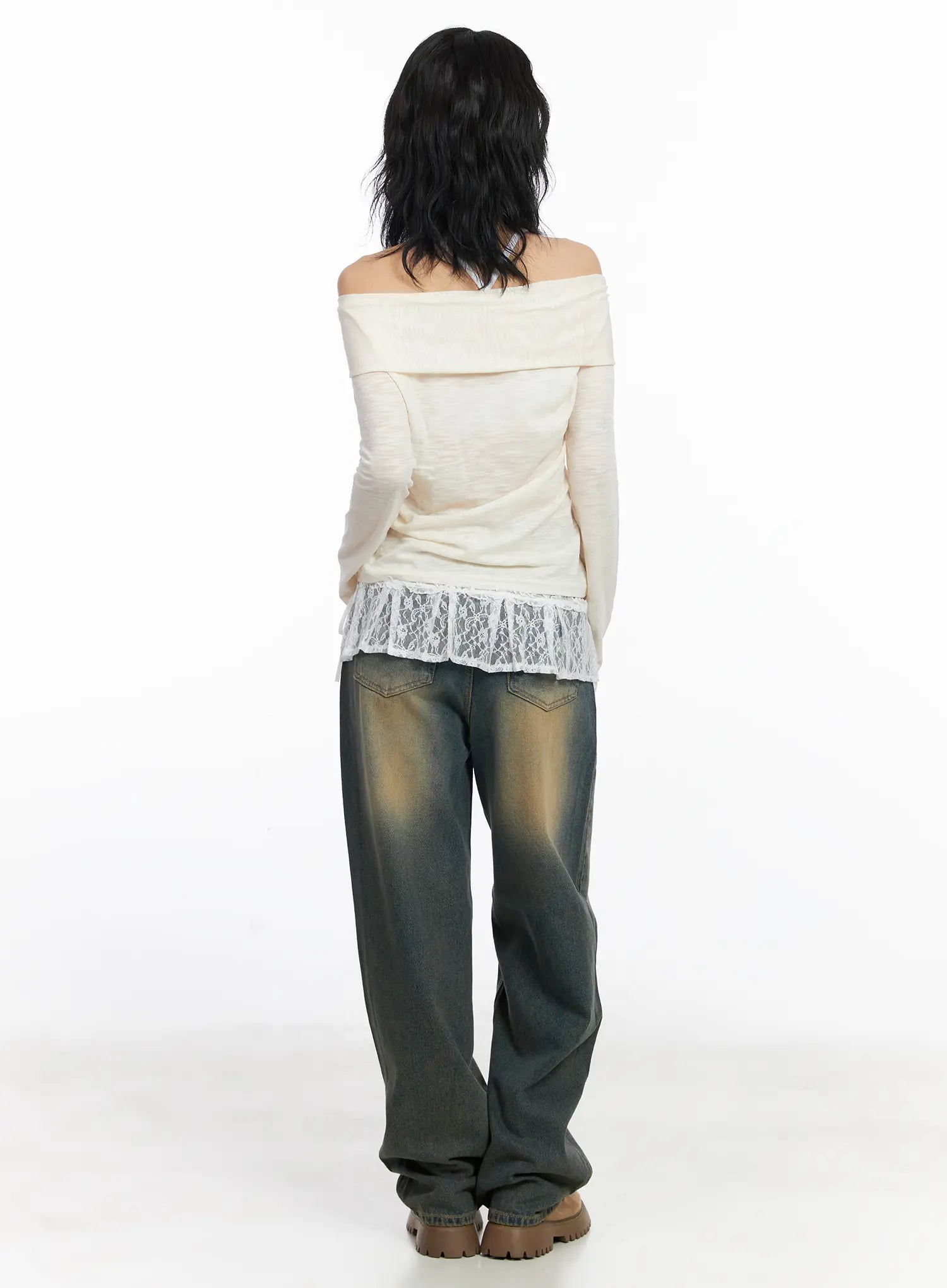 Karsyn Vintage Baggy Jeans CJ522 in dark blue, back full-body editorial on model, wide-leg washed denim paired with off-shoulder lace-hem top, back view showing overall silhouette.