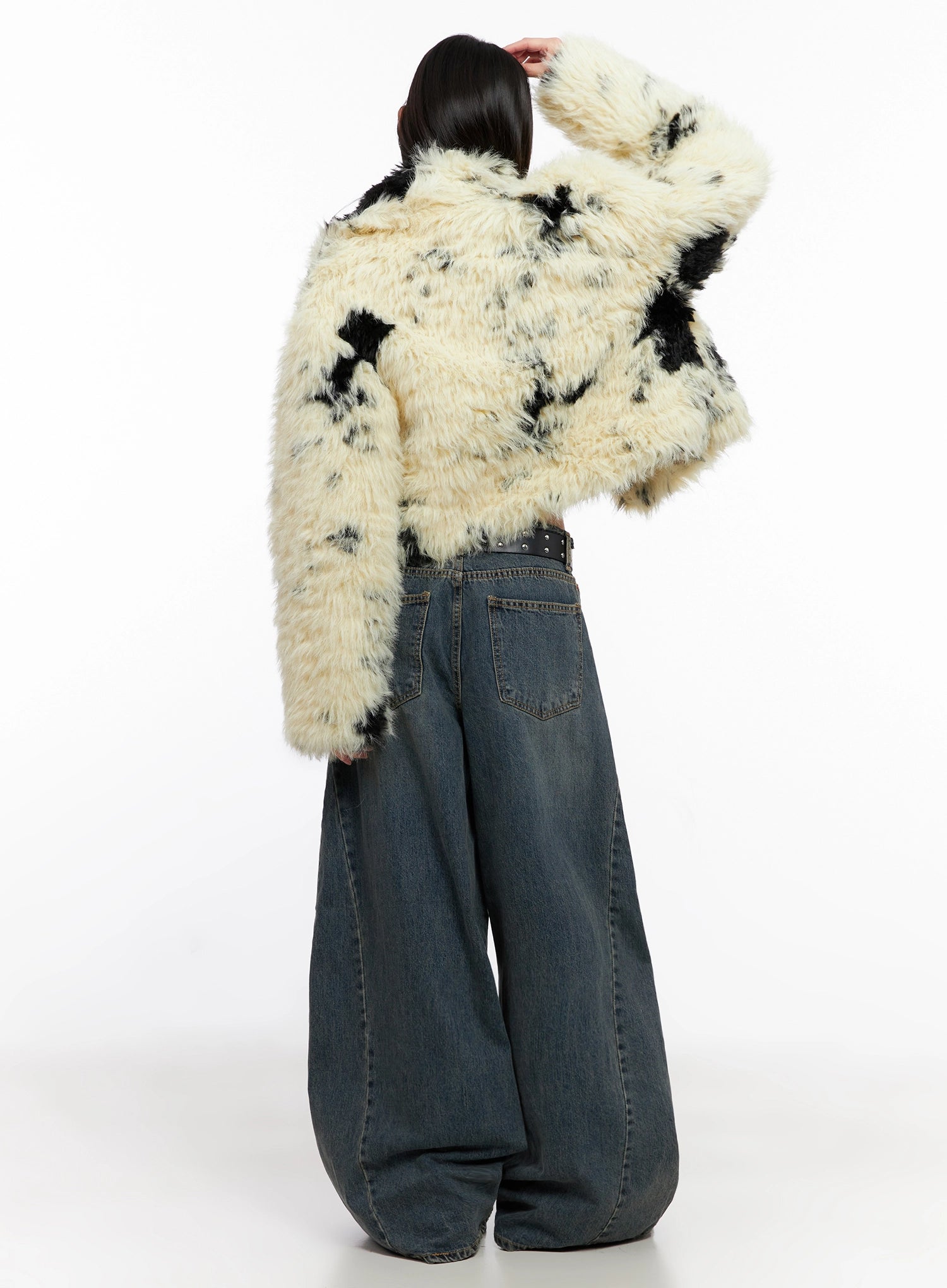 Skyler Washed Balloon Fit Jeans IN503 in blue, back view on model, back pockets with stud belt detail visible, extreme wide balloon leg in washed cotton denim, long floor-length hem.