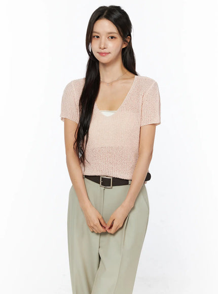 twist-detail-knit-short-sleeve-top-cu522 / Light pink