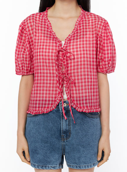 plaid-ribbon-tie-short-sleeve-cardigan-blouse-iu519