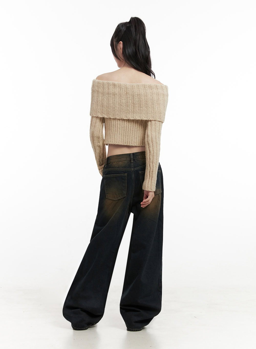Alexia Washed Denim Wide-Leg Jeans ID402 in dark blue, full-length back shot on model, washed denim with brown fade at seat and thighs, back patch pockets, wide leg silhouette.