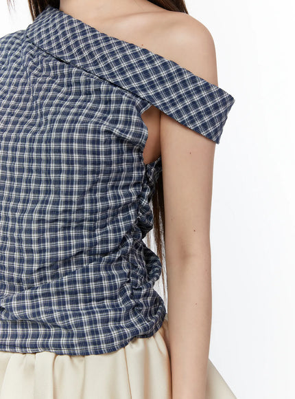 asymmetric-ruched-plaid-blouse-cy519