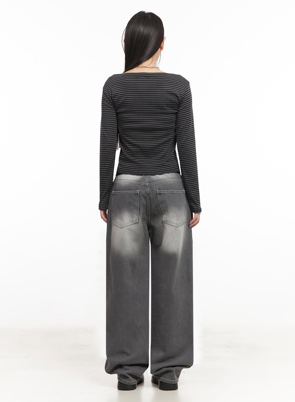 Becca Washed Straight-Leg Jeans IM524 in grey, full back view on model, two back patch pockets with stitching, wide-leg washed cotton denim with hem pooling at ankle.