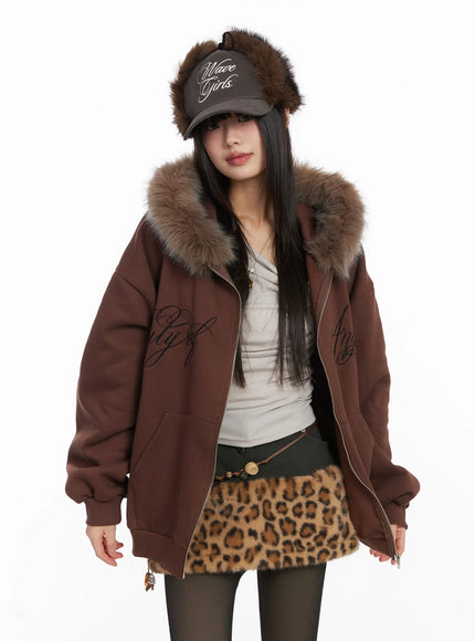 Oversized Faux Fur Fleece Zip-Up Hoodie CD529