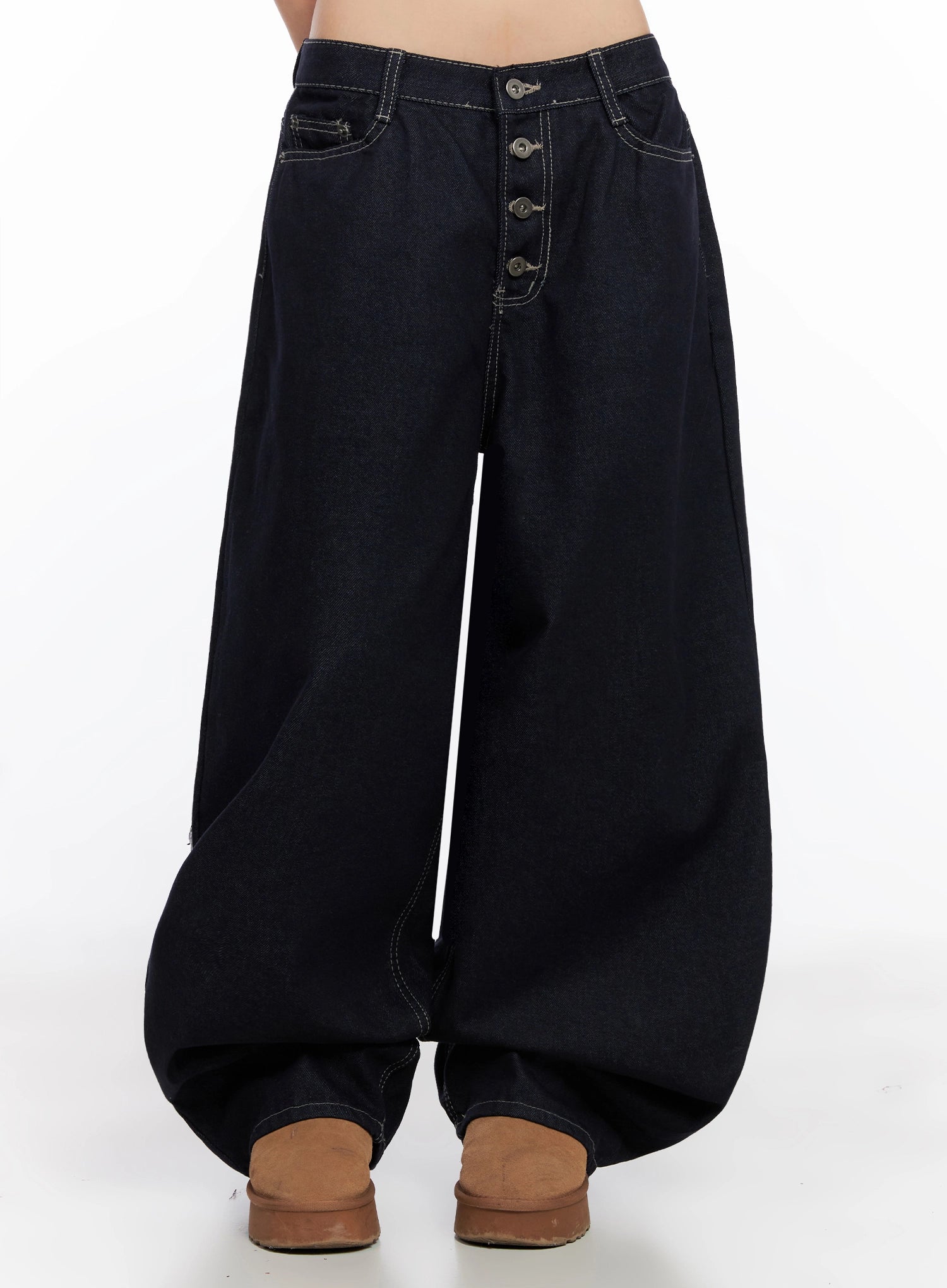 Jazlyn Non-Fade Button Wide Leg Jeans IN503 in dark blue, front product-focused view on model, highlighting button fly closure, contrast white topstitching, and exaggerated wide cotton leg.