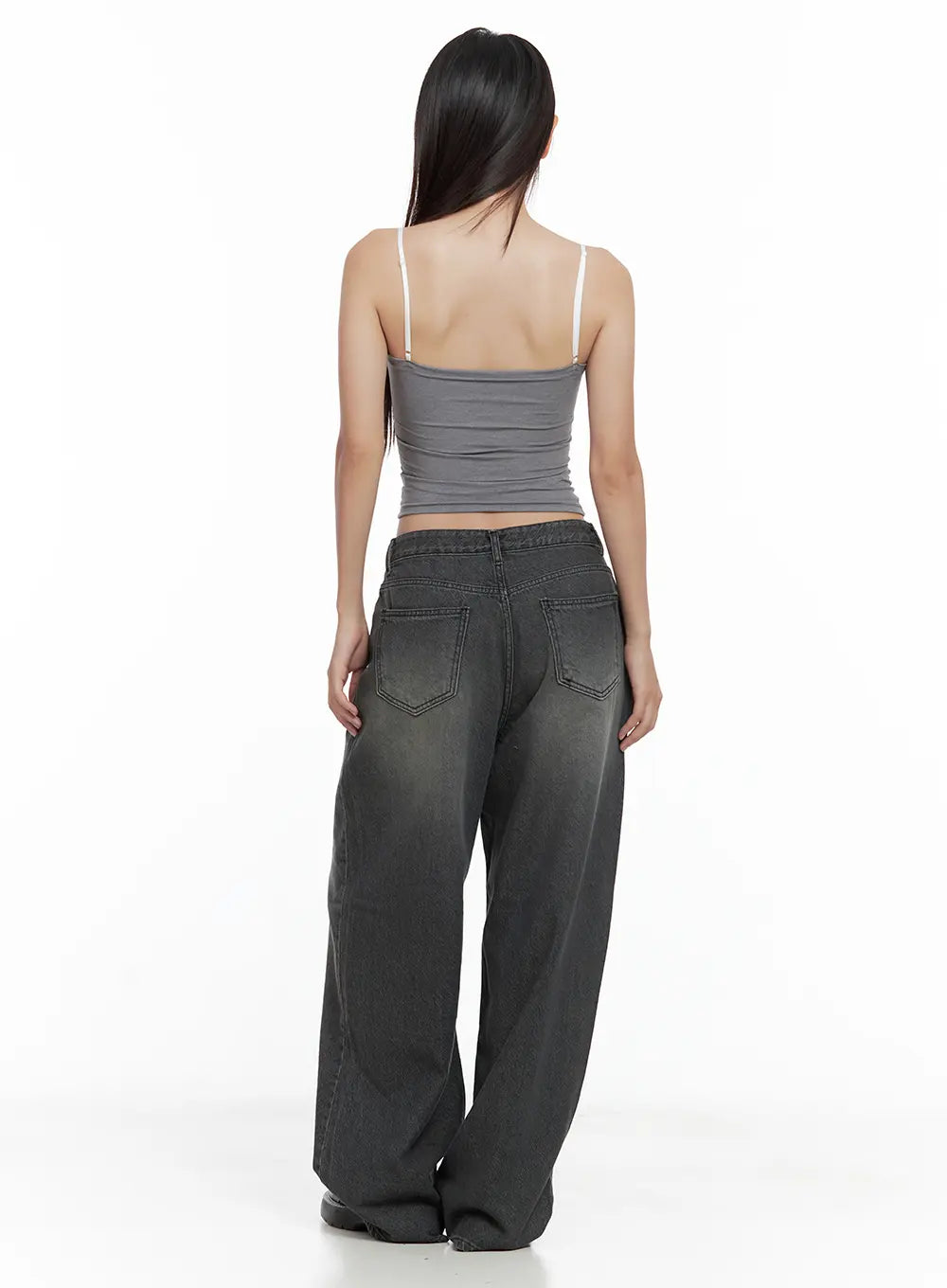 Kumi Washed Wide-Leg Summer Denim Jeans CL508 in Black, full back view on model, loose wide-leg washed denim with back patch pockets and faded grey wash, paired with grey cami top.