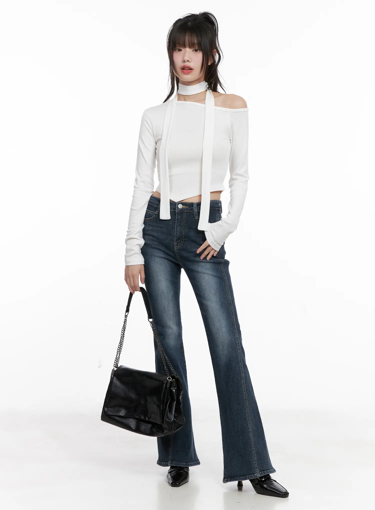 Giana High Waist Hip Pad Flare Jeans CG519 in blue, full-body front on model, styled with white off-shoulder halter crop top and black chain bag, K-pop feminine look.