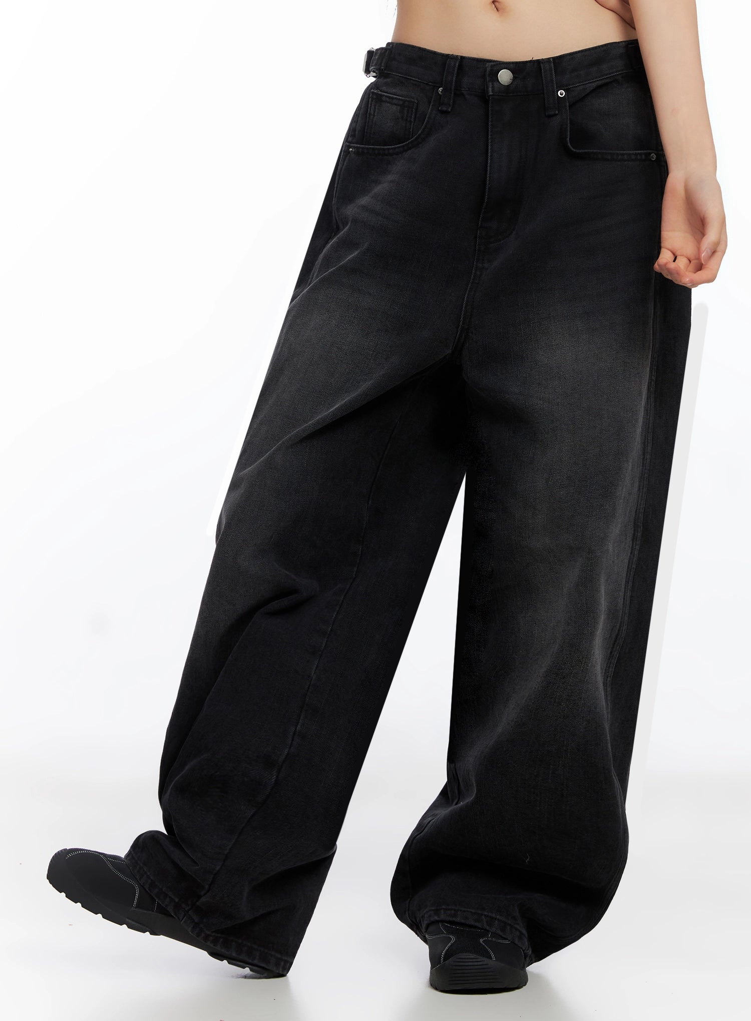 Goffel Side Belt Washed Wide Denim Pants IO517 in black, front three-quarter lower-body shot on model, wide balloon leg with washed cotton texture, seam line detail along leg.