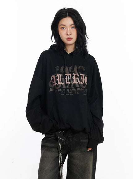 vintage-graphic-loose-fit-hoodie-cj523 / Black