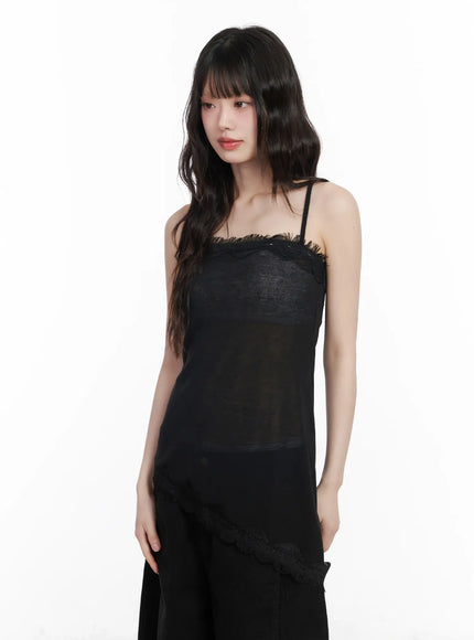 asymmetric-lace-trim-cami-top-cm526 / Black