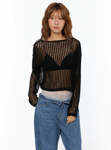 loose-summer-knit-long-sleeve-top-cu518 / Black