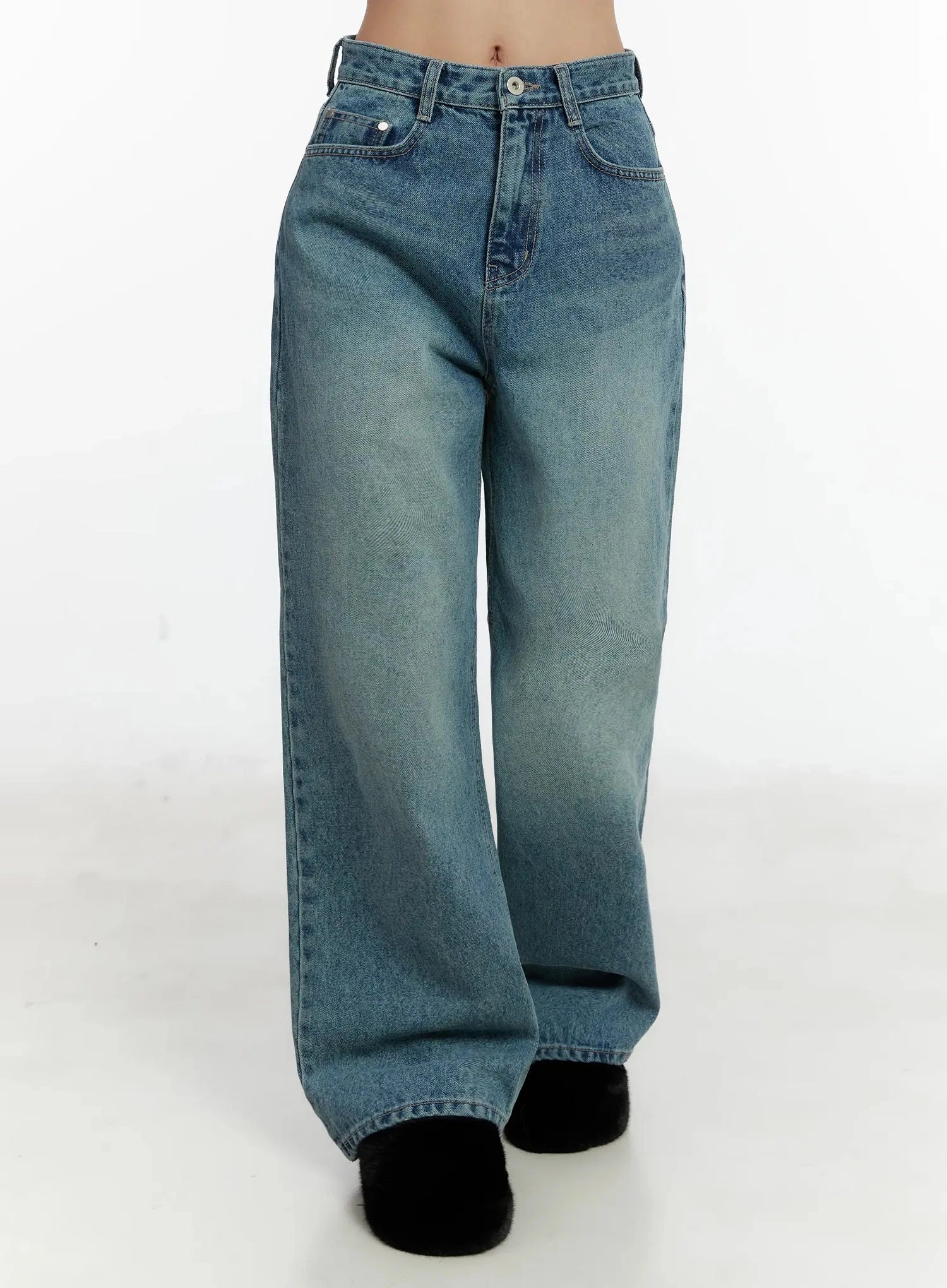 Pixi Straight Leg Jeans ID525 in blue, front product shot on model (waist-to-hem), clean washed denim with mid-rise waistband, front pockets, silver rivet, and straight wide-leg cut, with black fuzzy slides.