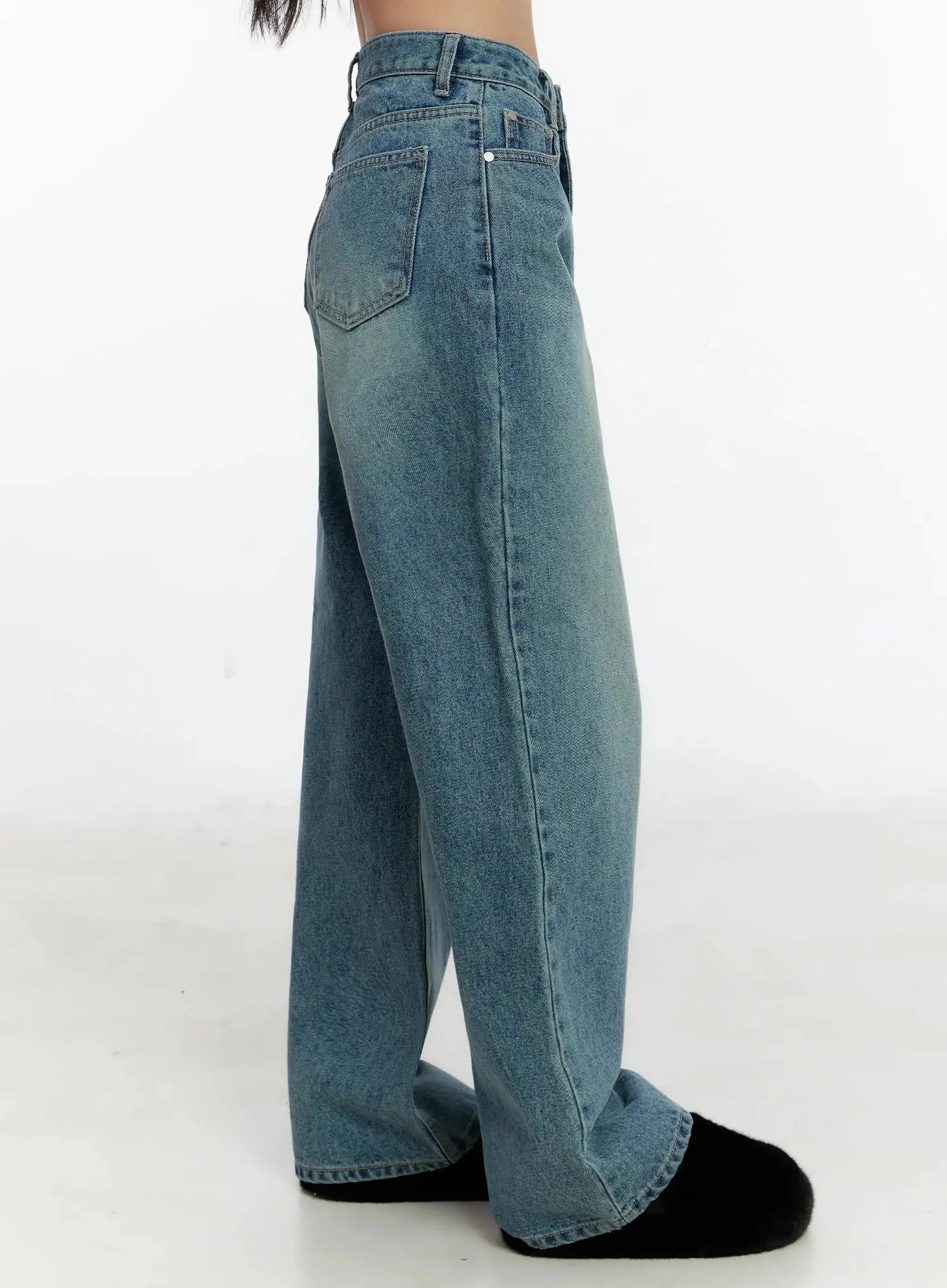 Pixi Straight Leg Jeans ID525 in blue, side product shot on model (waist-to-hem), showing straight-leg silhouette, side seam stitch, and back pocket detail on washed cotton denim.