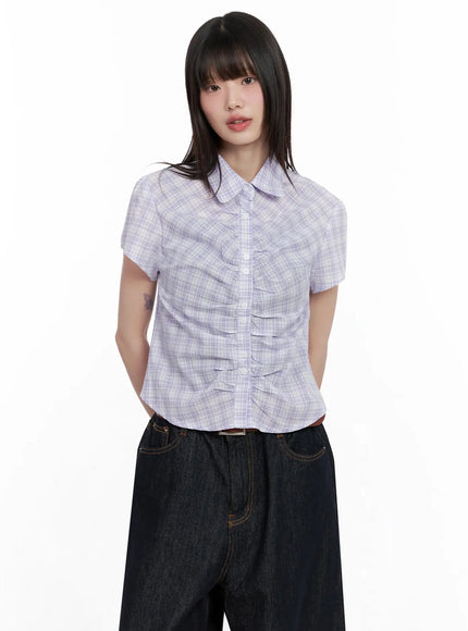 shirred-plaid-button-up-blouse-il531