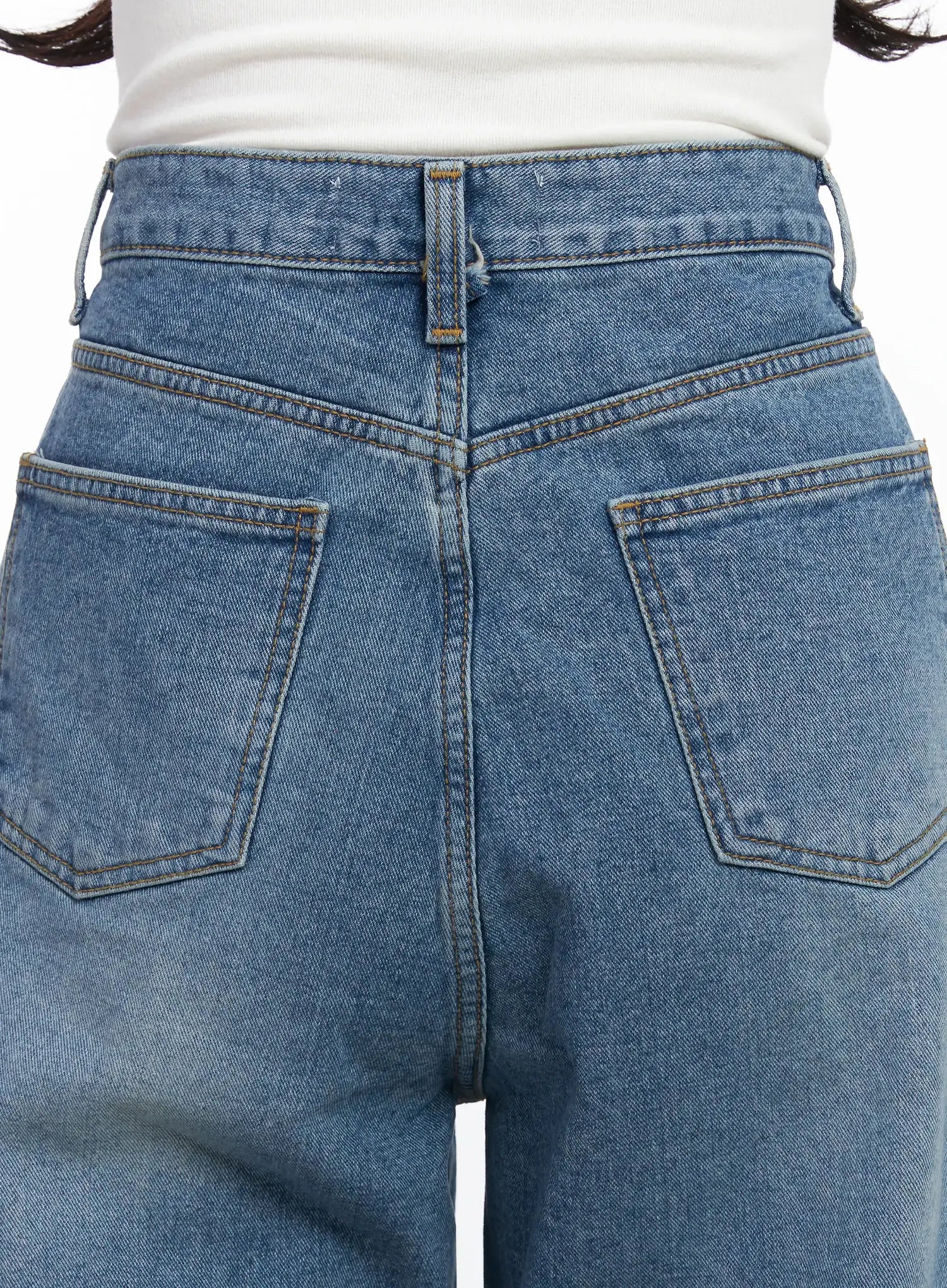 Ensley Wide Leg Jeans IJ529 in blue, close-up of back waistband and dual patch pockets, amber topstitching detail on high-rise washed cotton denim.