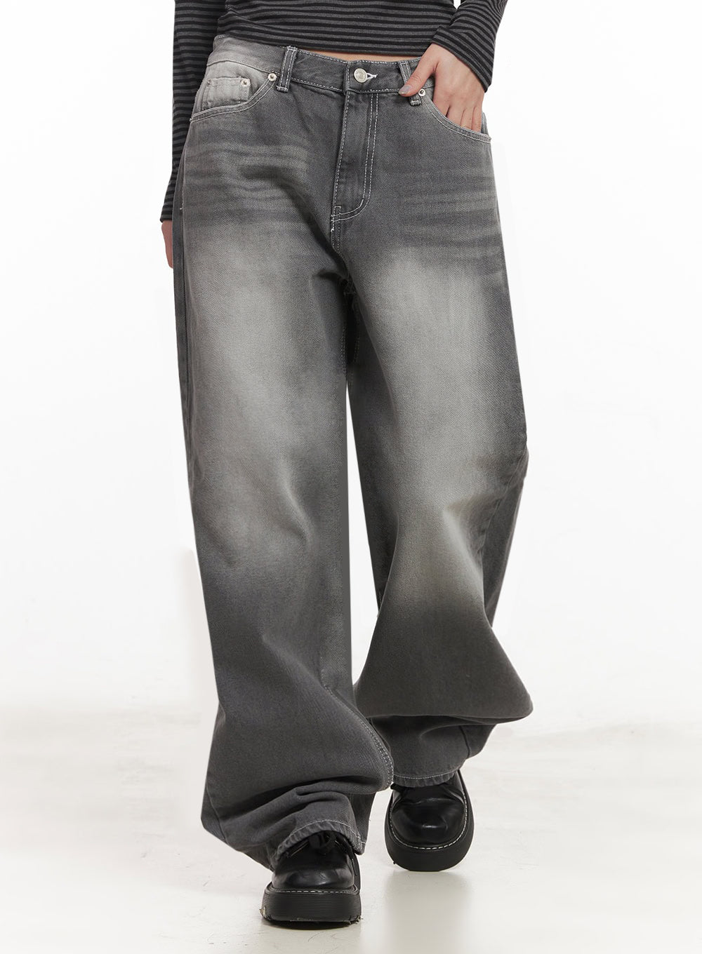 Becca Washed Straight-Leg Jeans IM524 in grey, front waist-to-hem detail shot on model in motion, low-rise 5-pocket construction, wide leg with heavy hem drape and visible topstitching.