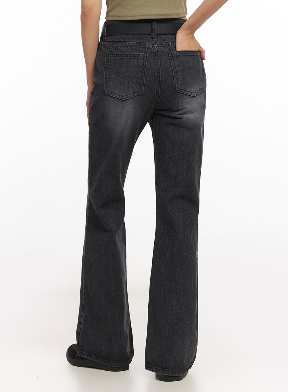 Joanna Washed Flared Jeans IA504 in washed black, back close-up from waist to hem on model, two back pockets with subtle fade, black belt at high waist, bootcut flare at ankle.