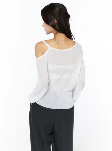 One-Shoulder Knit Top CU522 in white, back view on model, semi-sheer lightweight knit revealing open cold-shoulder cutout with strap, scoop back neckline, ribbed hem at waist.