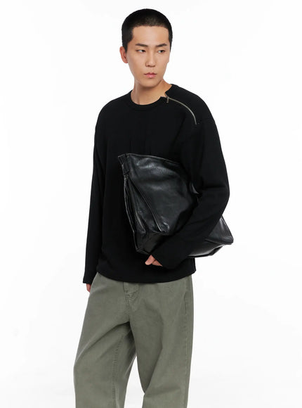 mens-one-shoulder-zip-long-sleeve-ig529 / Black