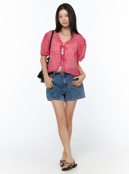 plaid-ribbon-tie-short-sleeve-cardigan-blouse-iu519