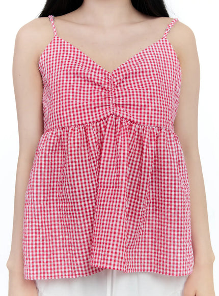 gingham-shirred-strap-blouse-cl530