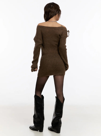 off shoulder tie knit mini dress MESHKI Camryn Off Shoulder Tie Knit Mini Dress in Cream Marle Size XS/AU 6