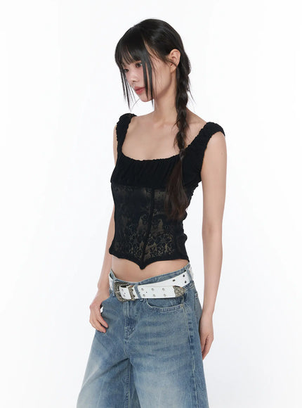 two-tone-lace-sleeveless-top-ca529 / Black