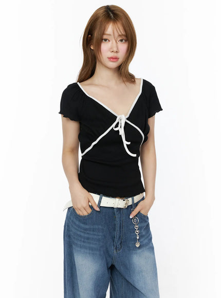 v-neck-ribbon-short-sleeve-top-iu515 / Black