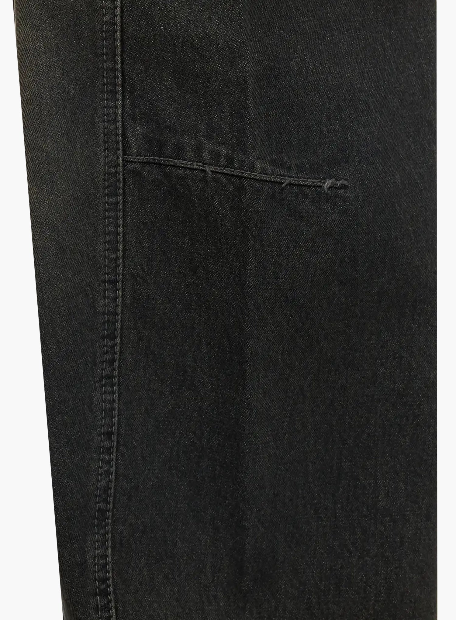 Tracey Vintage Black Washed Wide Leg Jeans IJ528 in black, macro close-up of side seam and utility pocket detail, tonal stitching on dark washed cotton denim fabric texture.