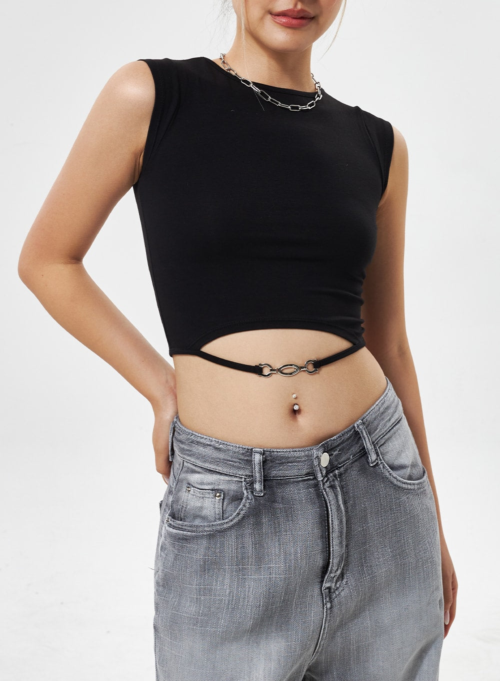 Mid-Rise Wide Leg Jeans CY330 in grey, upper-body close-up on model showing waistband and front pockets, mid-rise fit with faded denim detail.