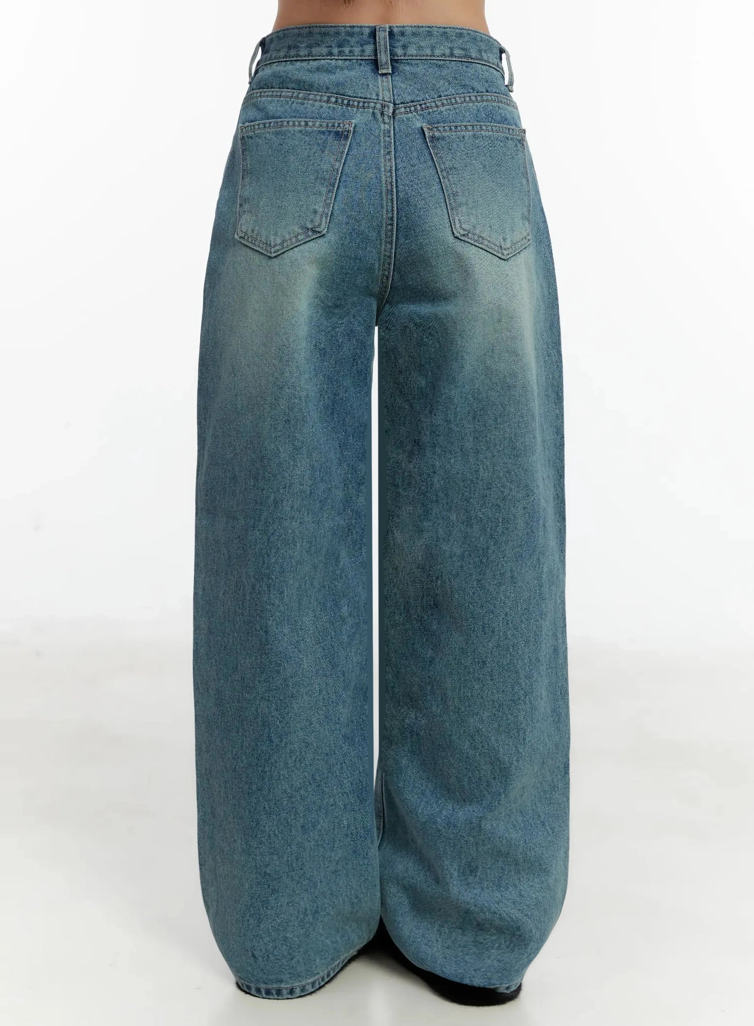 Pixi Straight Leg Jeans ID525 in blue, back product shot on model (waist-to-hem), highlighting dual back pockets with clean stitch, belt loops, and wide straight leg on washed blue cotton denim.