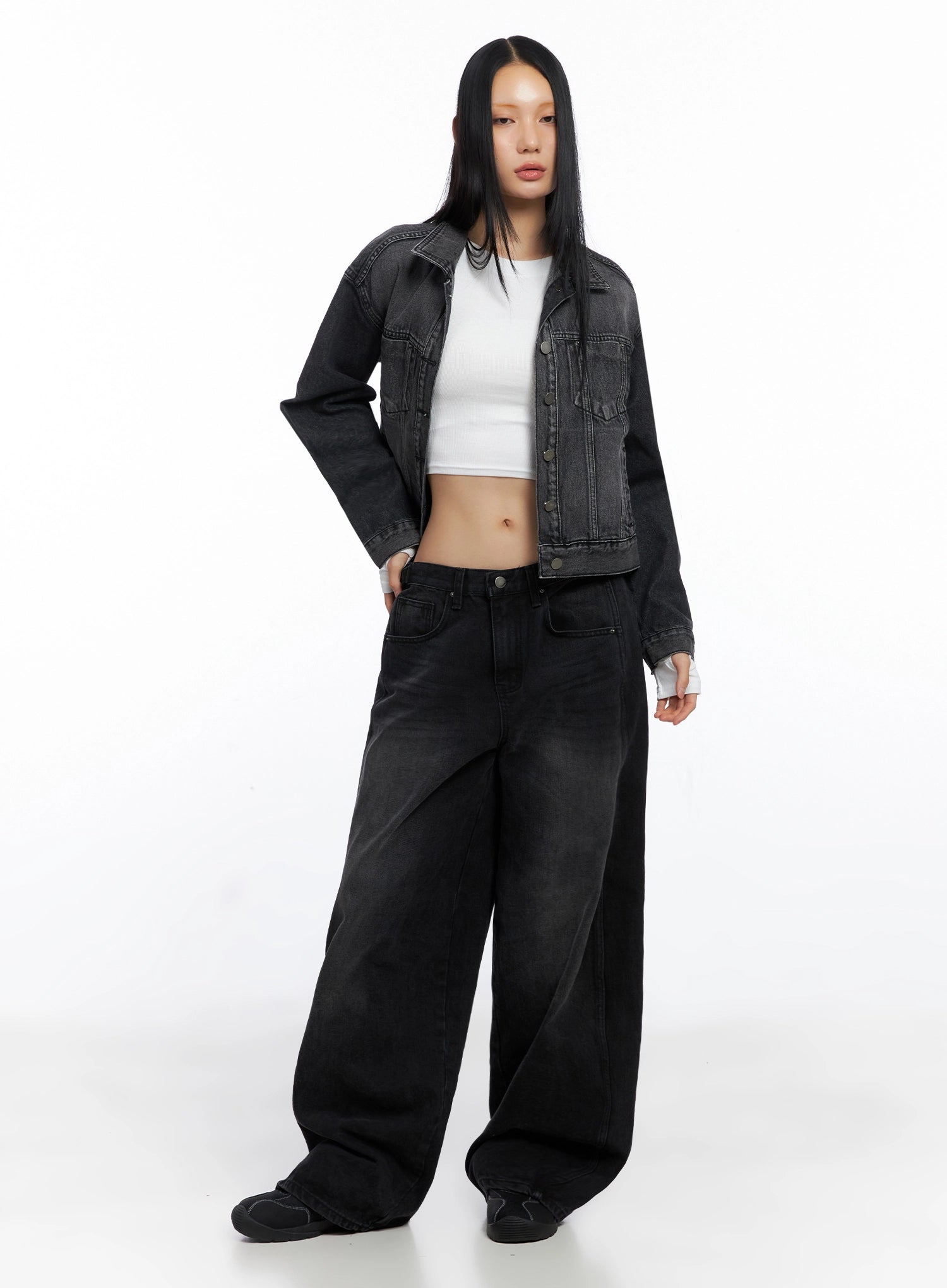 Goffel Side Belt Washed Wide Denim Pants IO517 in black, full-body front shot on model, denim-on-denim look styled with washed black denim jacket and white crop top.
