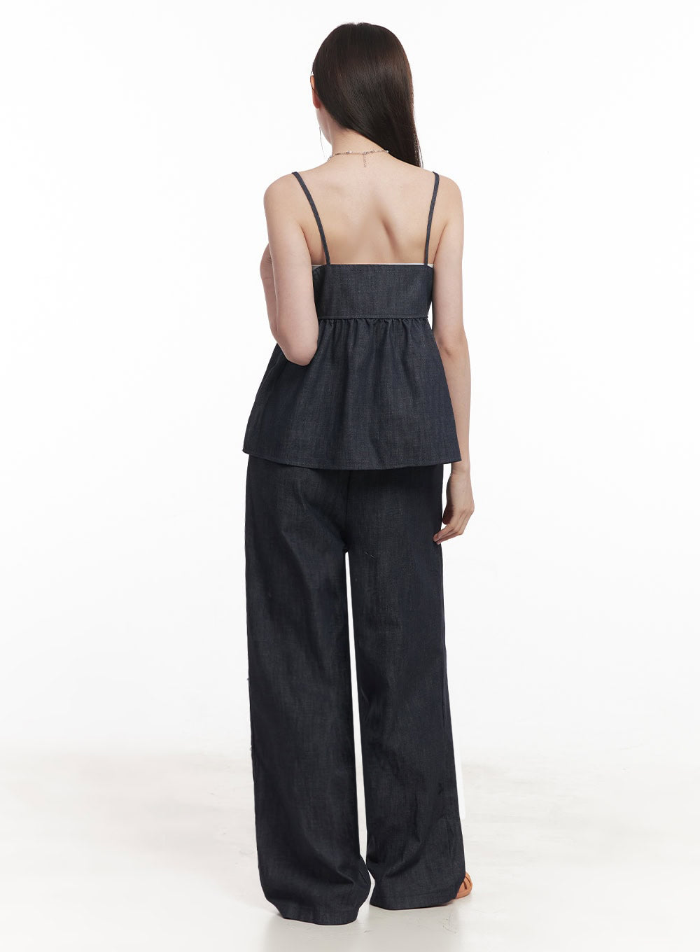 Cotton Denim Wide-Leg Pants IY509 in dark navy, back full-length view on model, clean back panel of wide-leg cotton denim with banded elastic waist, paired with denim cami top.