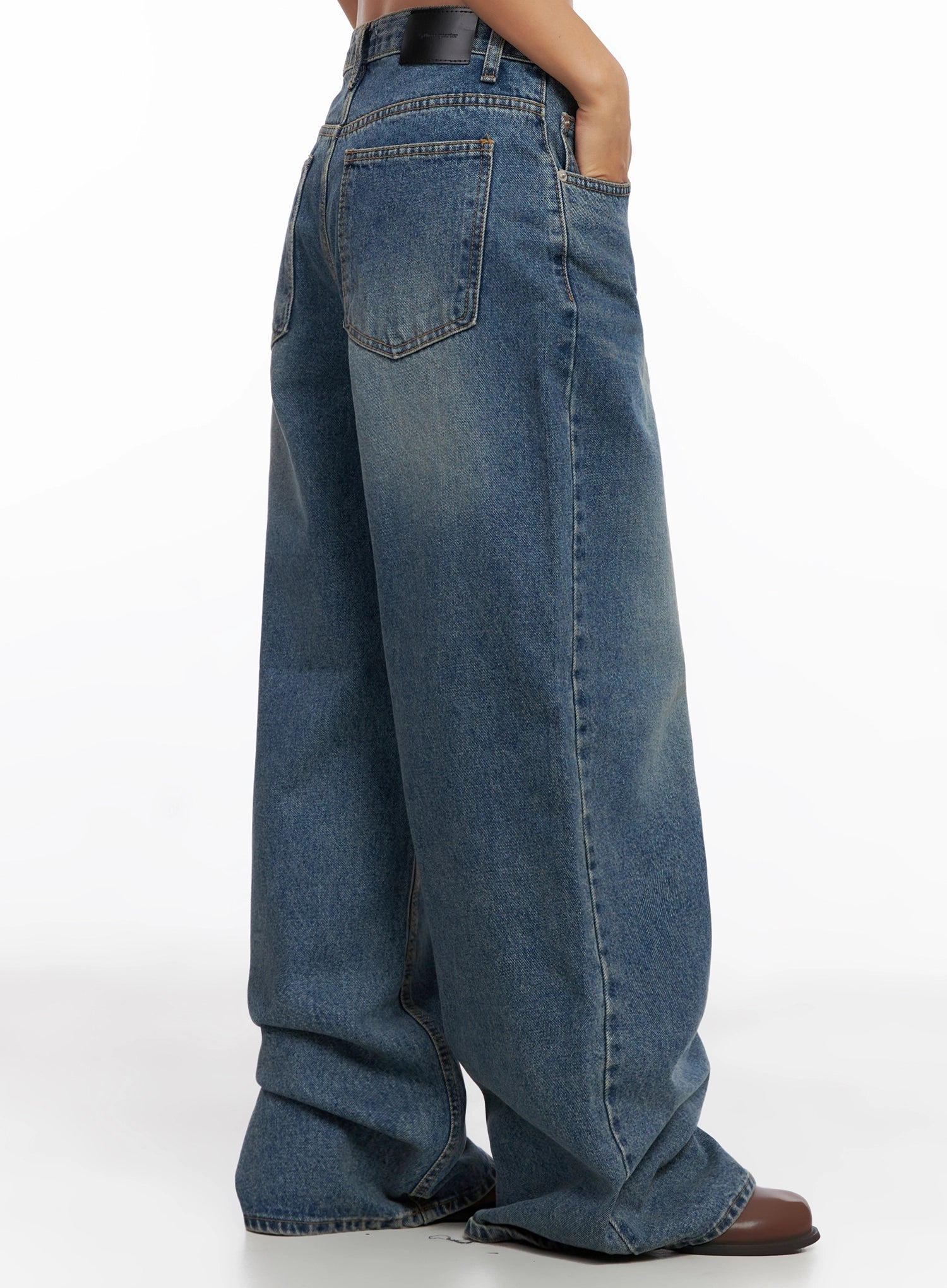 Lilah Wide-Leg Washed Jeans IG527 in mid-blue, rear side close-up from waist down, back pocket stitching and washed fade shown, floor-pooling wide leg length.